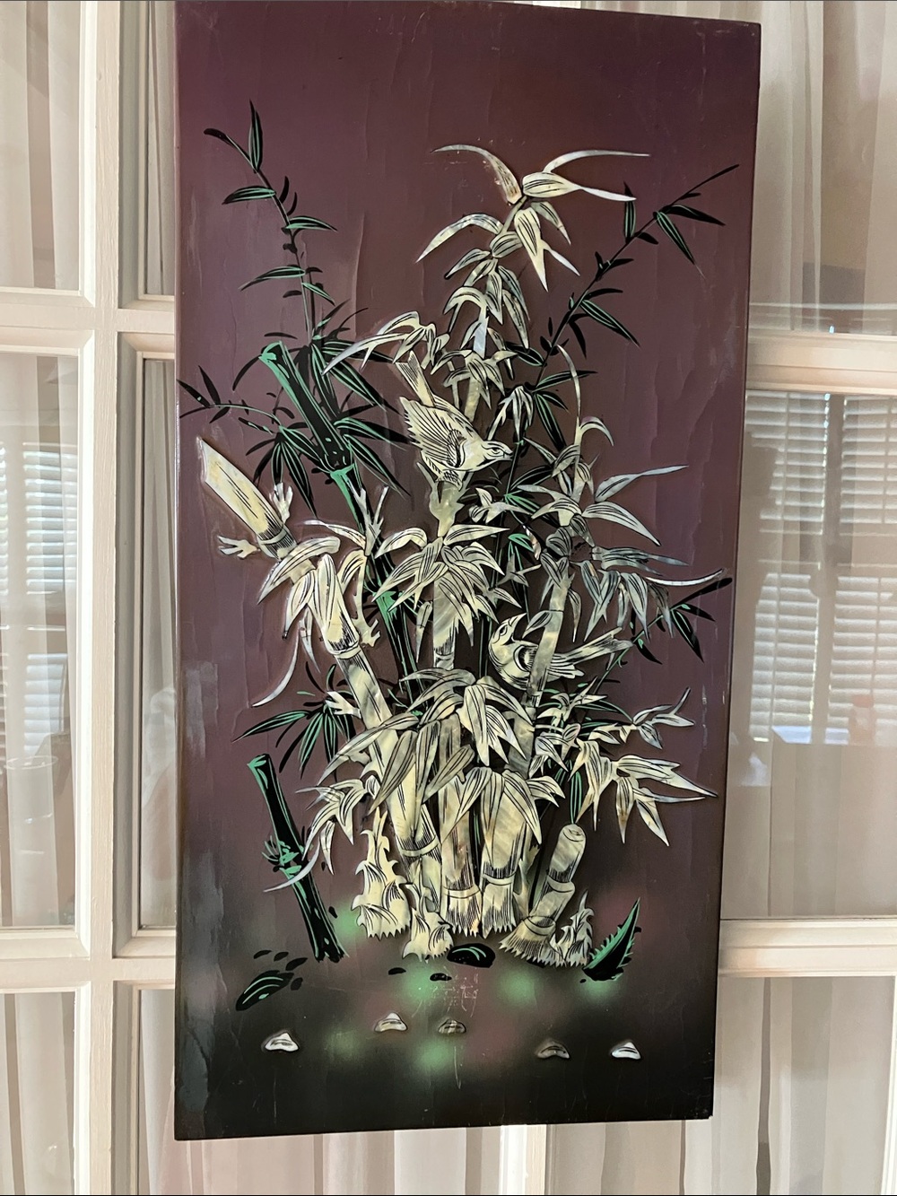 Vintage Asian Inlaid Mother-Of-Pearl & Abalone Shell Lacquered Wood Panel